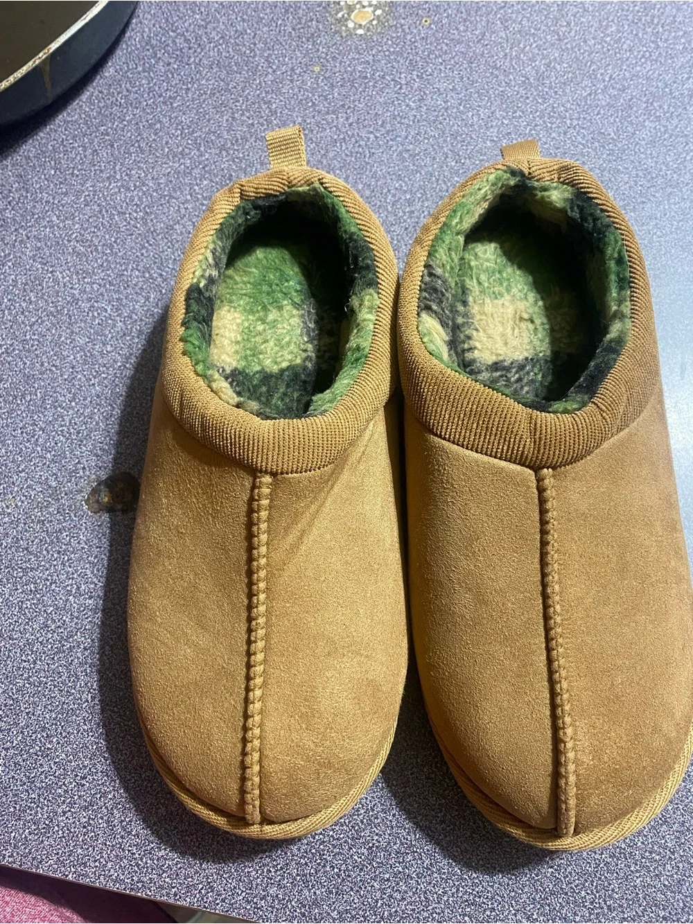 wonder nation Brown Slip-On Kids Slippers with Green Plaid Lining